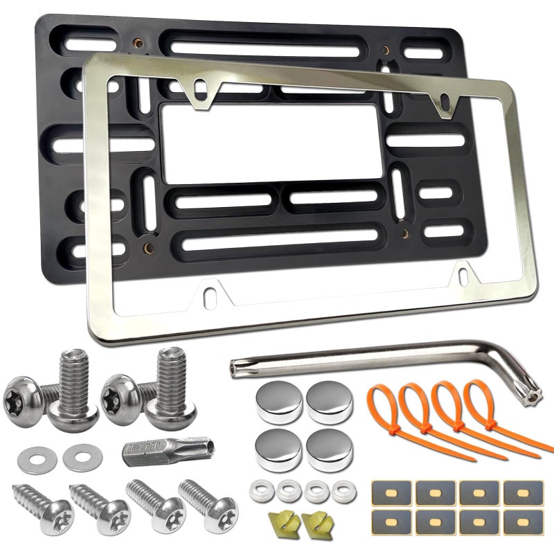 Aootf Front License Plate Bracket- Universal Front Bumper Plate Mounting Kit, Car Tag Holder Adapter& Stainless Steel Plate Cover, Anti-Theft Lock Screws, Caps, Nuts, for US Vehicle Trailer Truck - Image 1